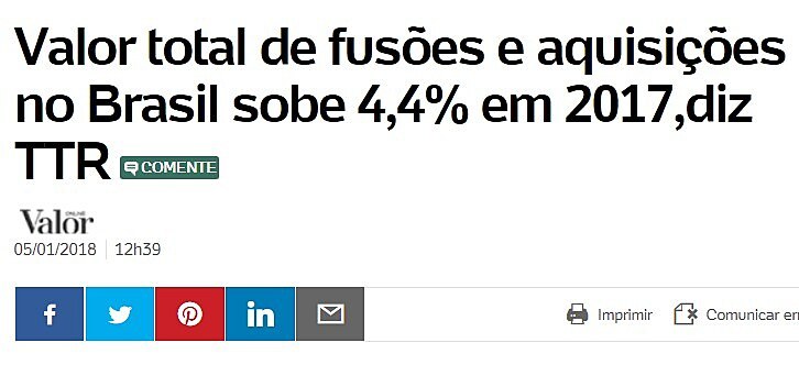 Valor total de fuses e aquisies no Brasil sobe 4,4% em 2017, diz TTR